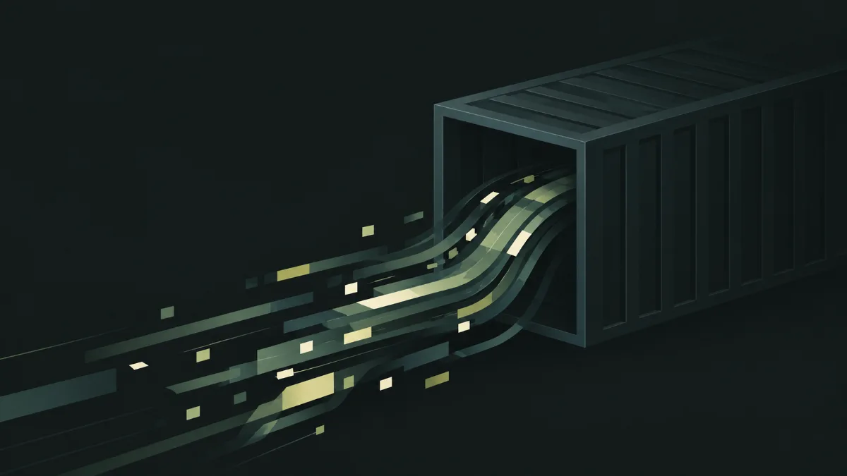 An abstract illustration of a compressed data stream spilling past the edge of a container box.