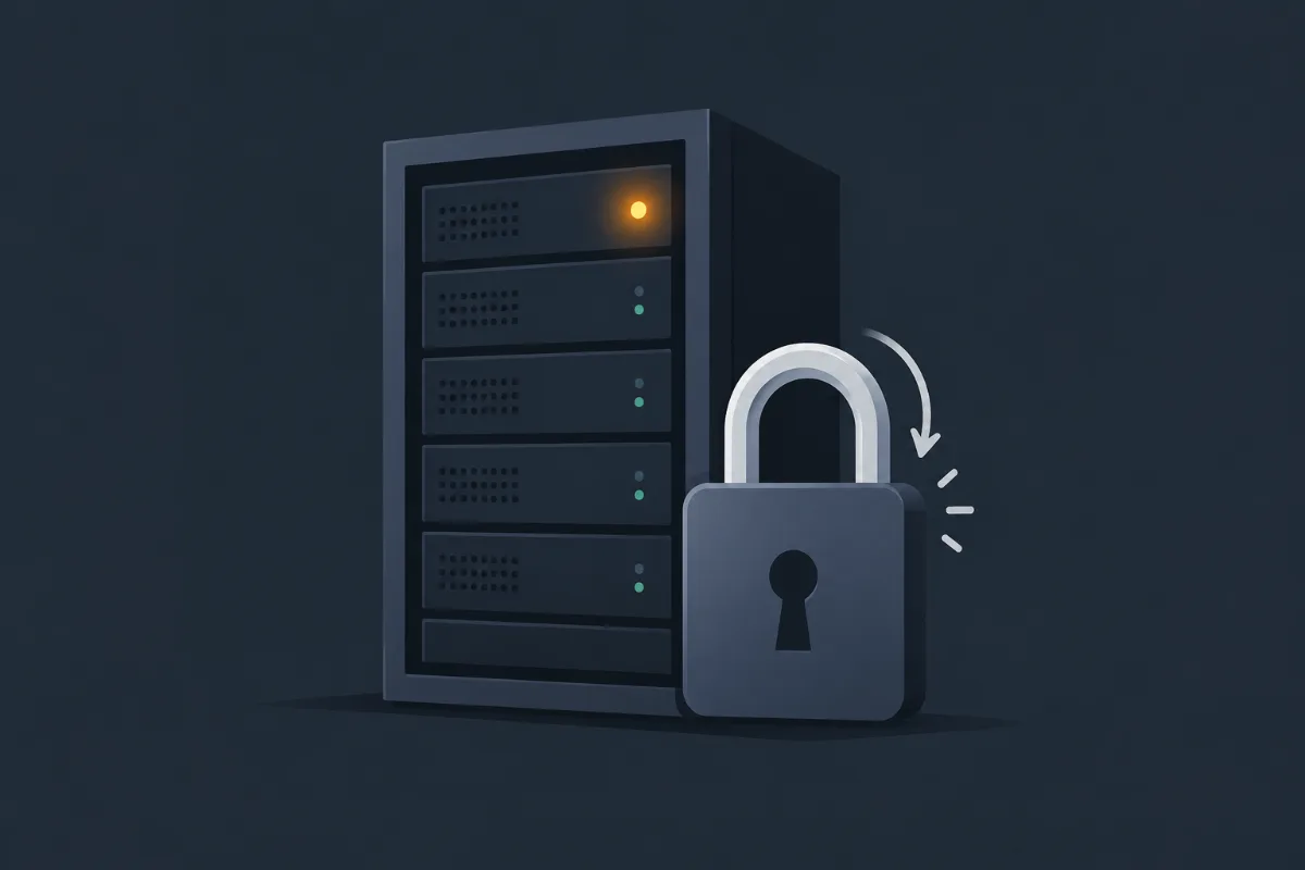 A plain illustration of a server rack with one glowing amber warning light and a padlock being closed.